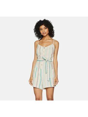 Splendid La Paz Striped Romper Small Linen Blend Belted Button Front Pockets